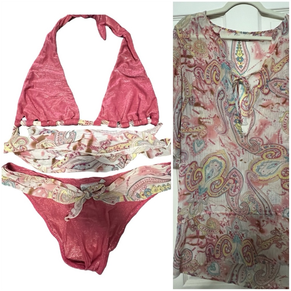 Bikini with Coverup! Rare Beach Bunny Metallic Pink Scarf Bikini and Coverup